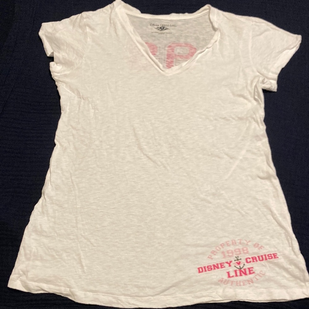 Disney Cruise Line white V-neck cotton Property of shirt with pink 98 Size XL